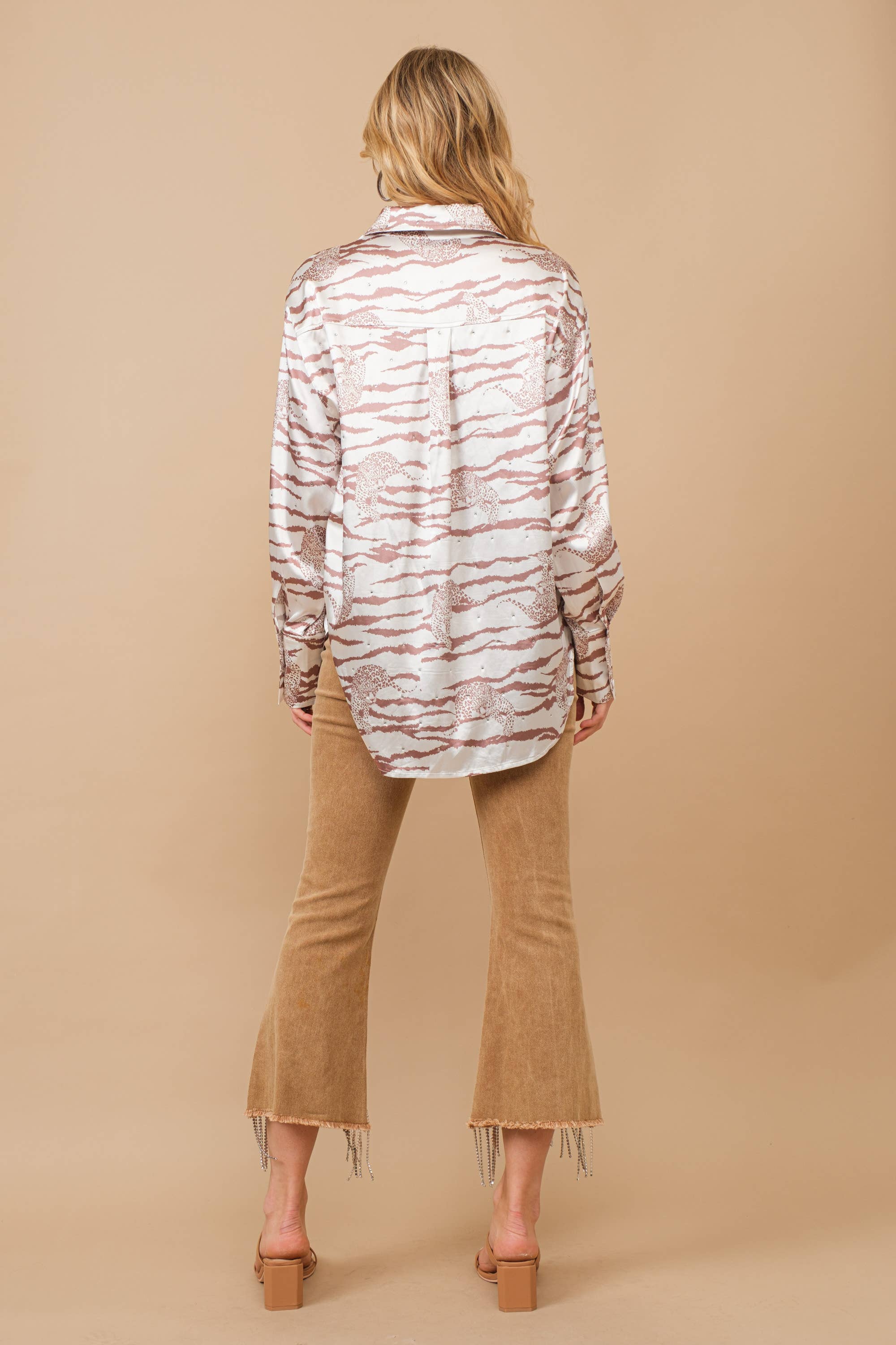 TAUPE 34468T-Satin Leopard Shirt Blouse for wholesale on Faire13