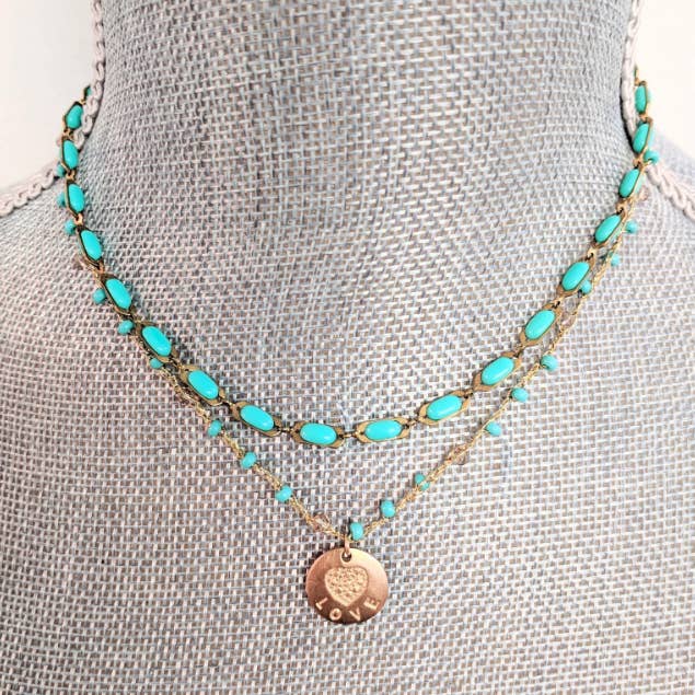 Sigalie Jewelry - Wholesale Pendant/Charm Necklace - Turquoise Heart Love Double Chain Necklace