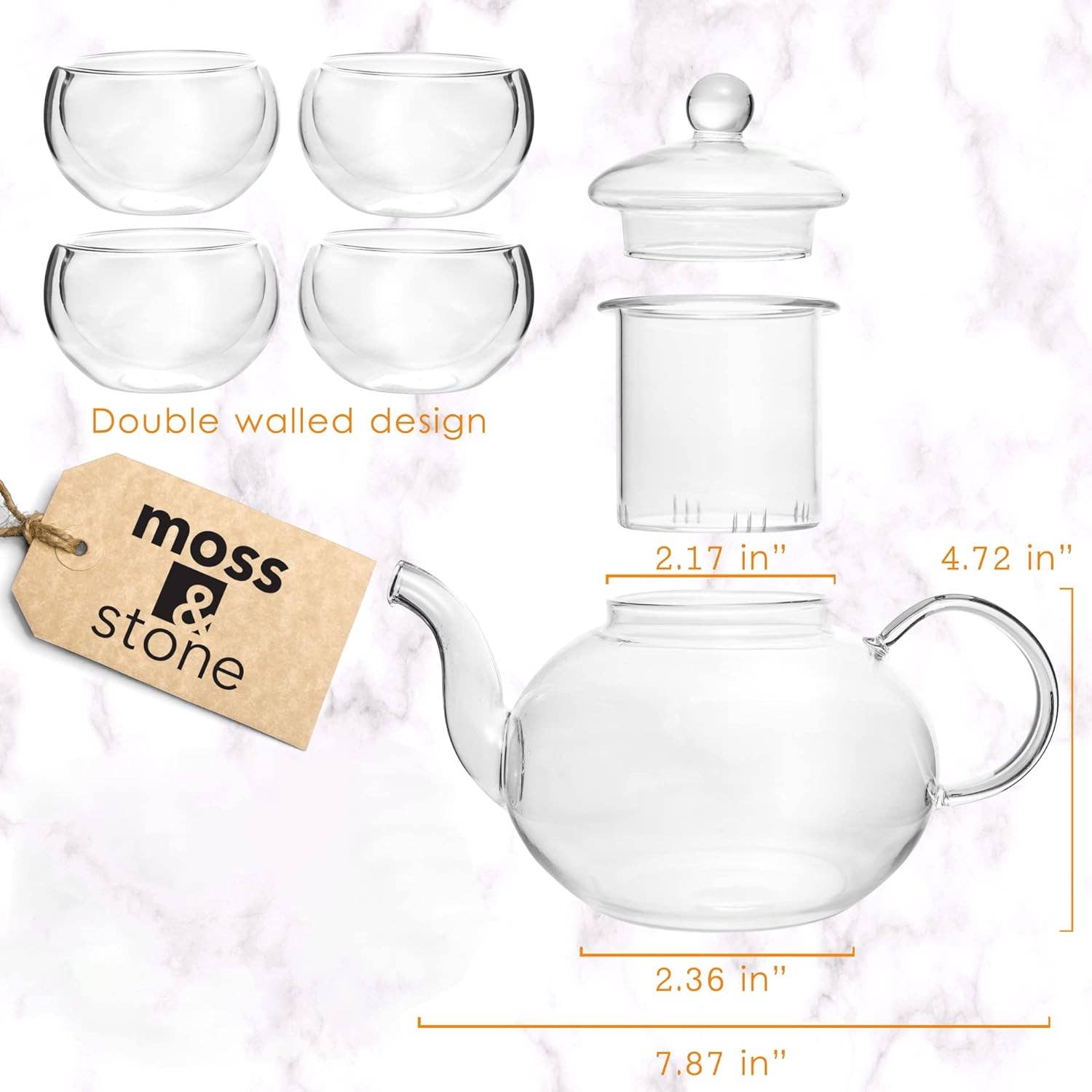 Moss & Stone - Wholesale Tea Pot - Glass 27oz Tea Kettle Infuser & 4 Tea Cups Gift Set, Borosilicate Glass Teapot With Removable Glass Strainer & Teacups Of 2.7 oz, Teapot With Strainer Microwave Safe Tea Maker1