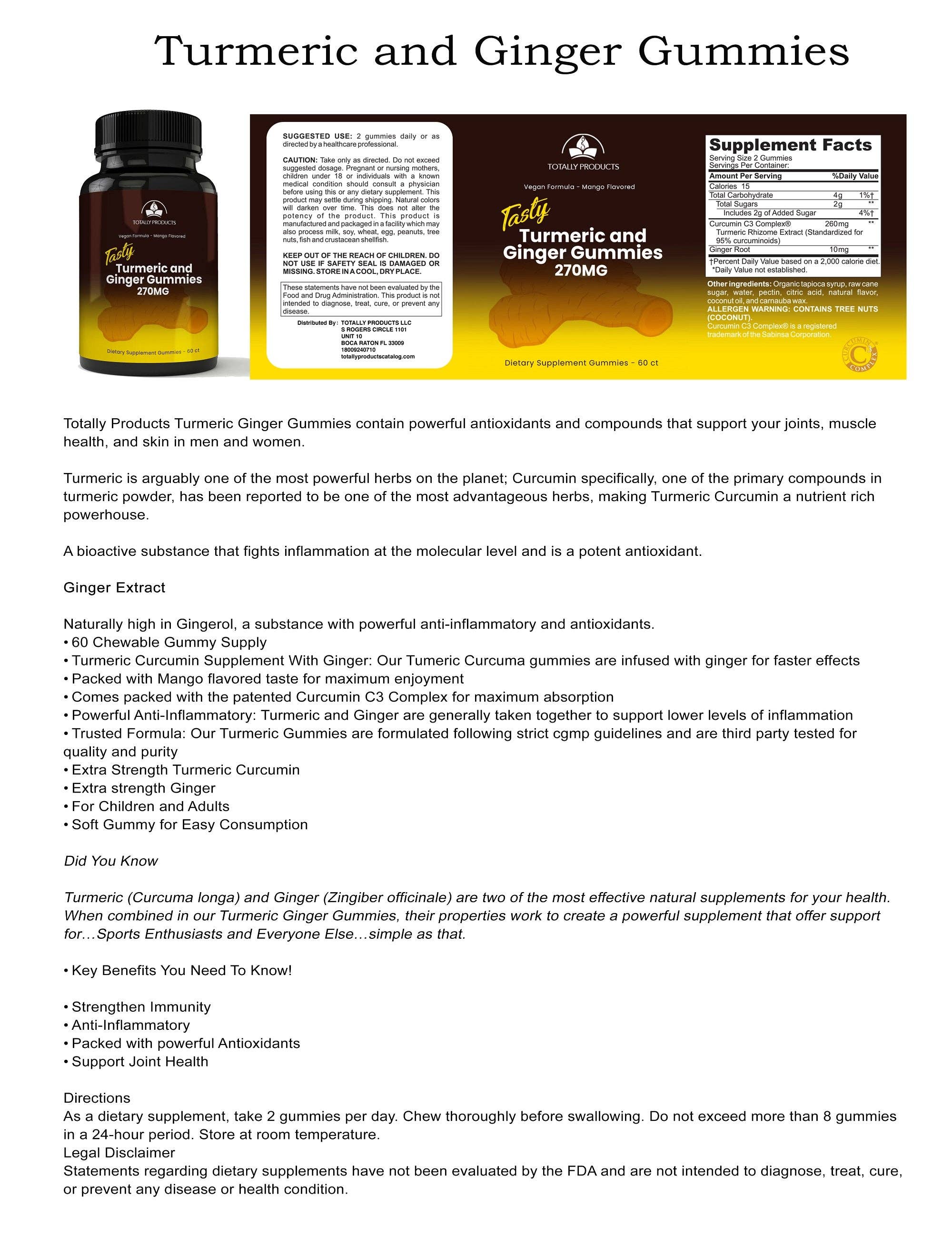 Totally Products - Wholesale Oral Supplement/Vitamin - Totally Products Adult Turmeric & Ginger Gummies with C3 Complex (120 count)1