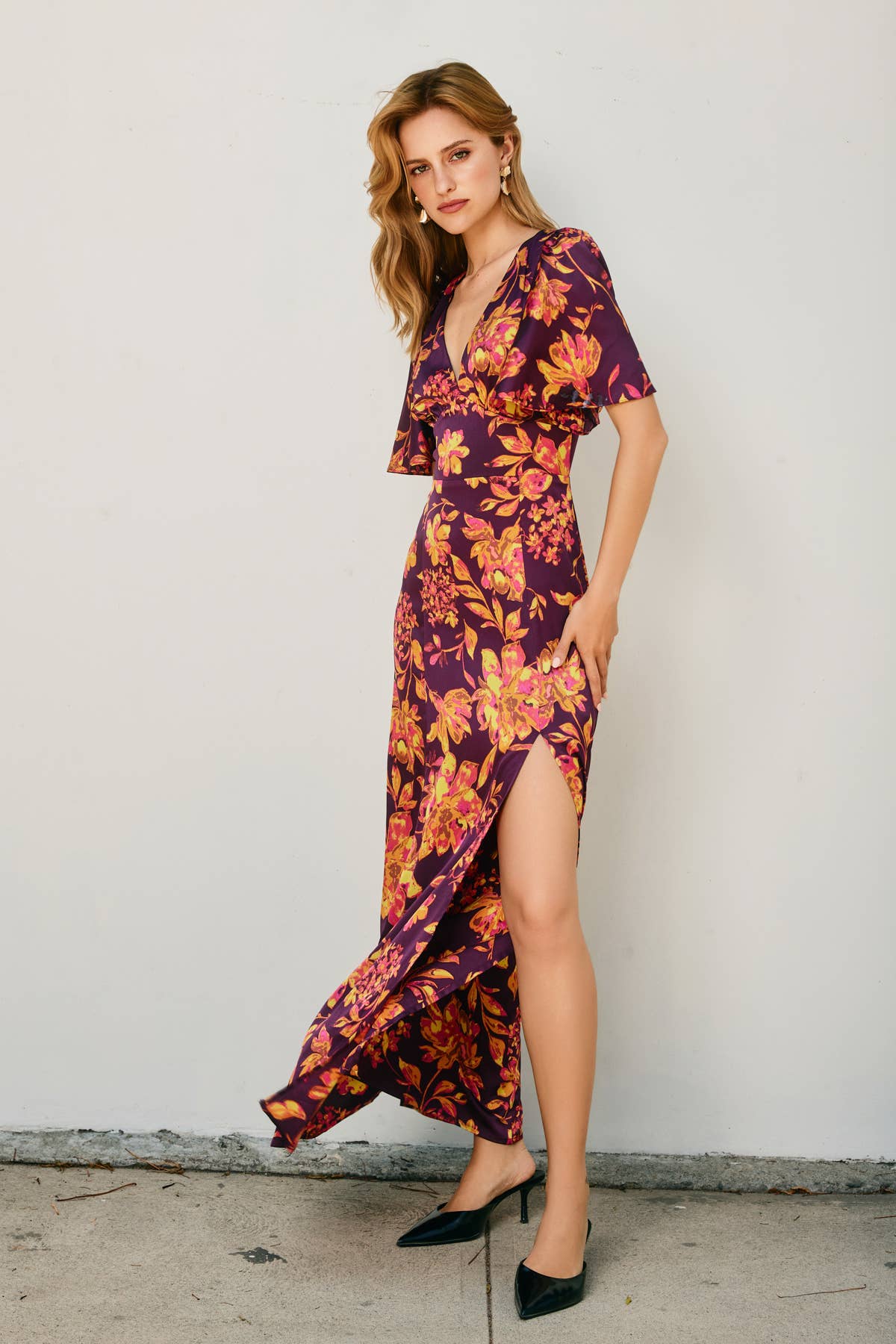 GOLDEN NIGHT Crimson Horizon Flutter Sleeve Plunging Maxi Dress (1) for wholesale on Faire1