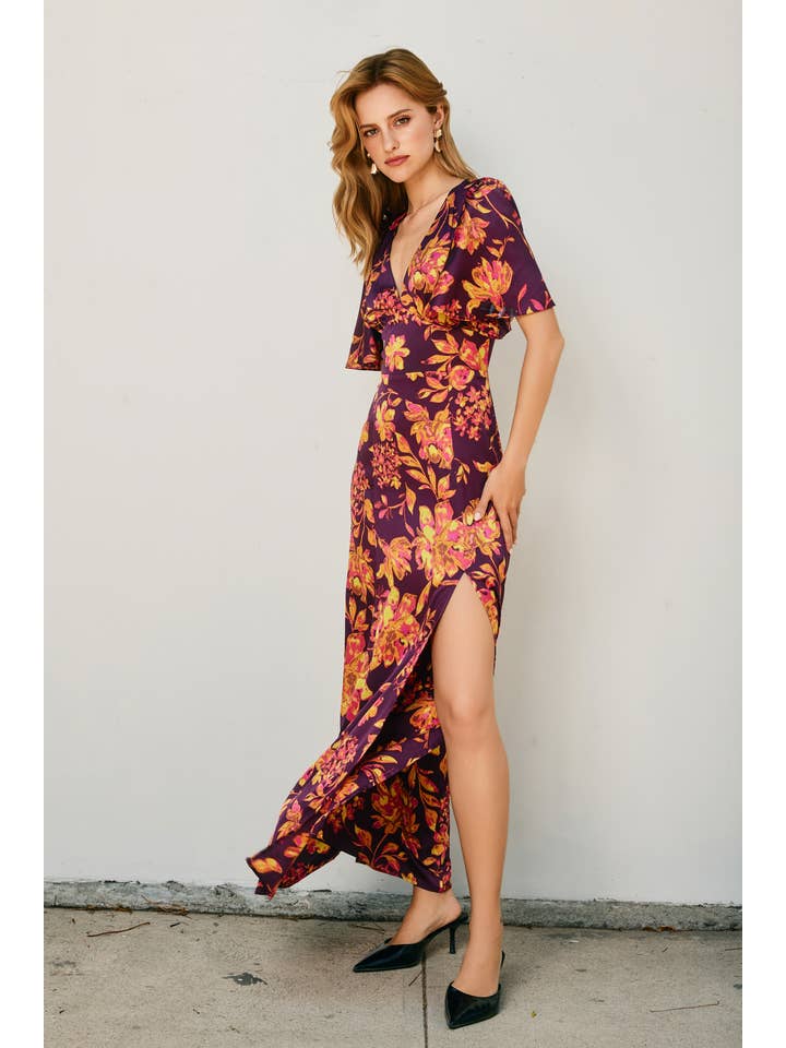 GOLDEN NIGHT Crimson Horizon Flutter Sleeve Plunging Maxi Dress (1) for wholesale on Faire1