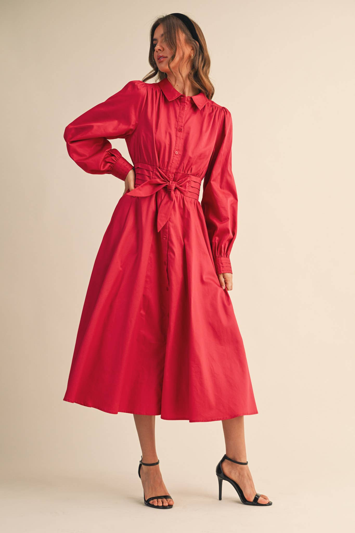 &MERCI - Wholesale Dress - Women's - PINTUCK WAIST TIE FRONT MIDI DRESS MDR421926