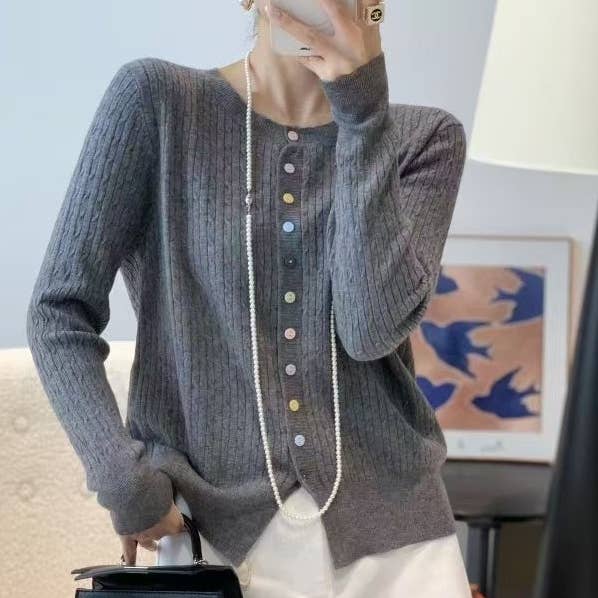 Fine Knit Cable Knit Cardigan with Multi Button in Grey for wholesale by Last True Angel