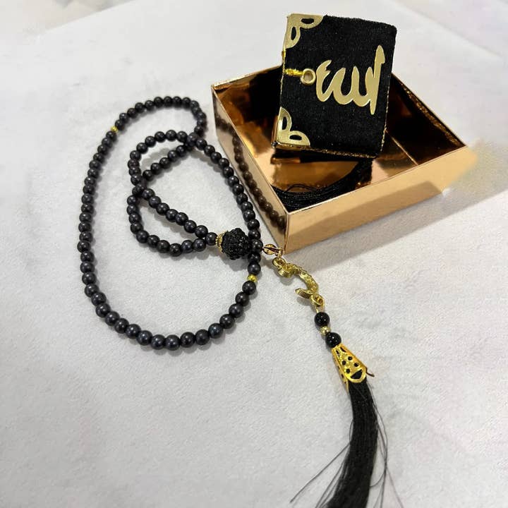 Hakan - Wholesale Prayer Beads Necklace - Velvet Mini Quran Rosary Islamic Gift Set of 2, (Black)