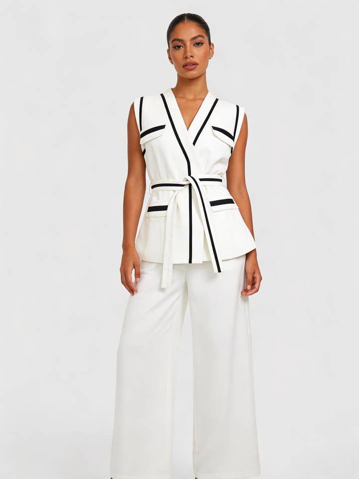 Kontrastkantad väst och byxset med bälte för wholesale av LINZY