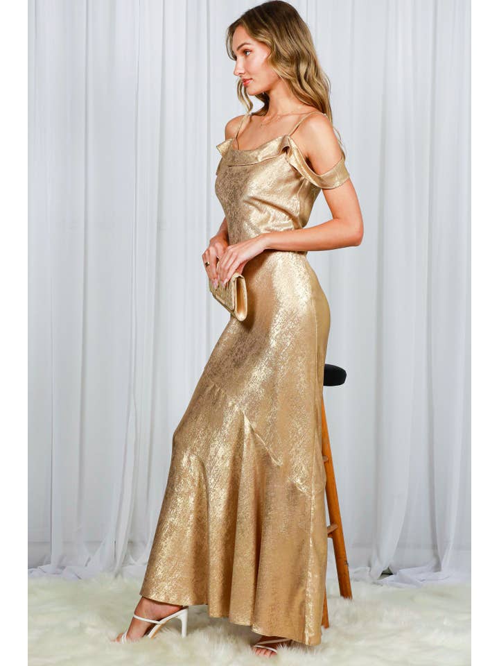 Gold Off-The-Shoulder Strap Detail Metallic Maxi Dress VD82369 for wholesale on Faire12