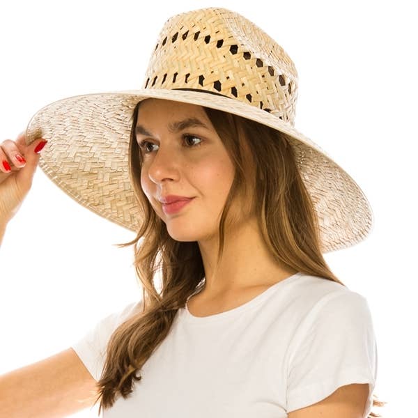 NATURAL Palm leaf lifeguard hat with vented pattern around crown for wholesale on Faire2