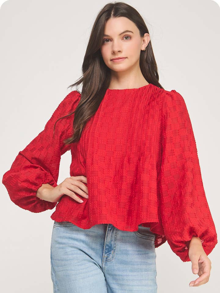 Blouse à manches bouffantes texturée à carreaux pintuck pour la vente par Strut & Bolt