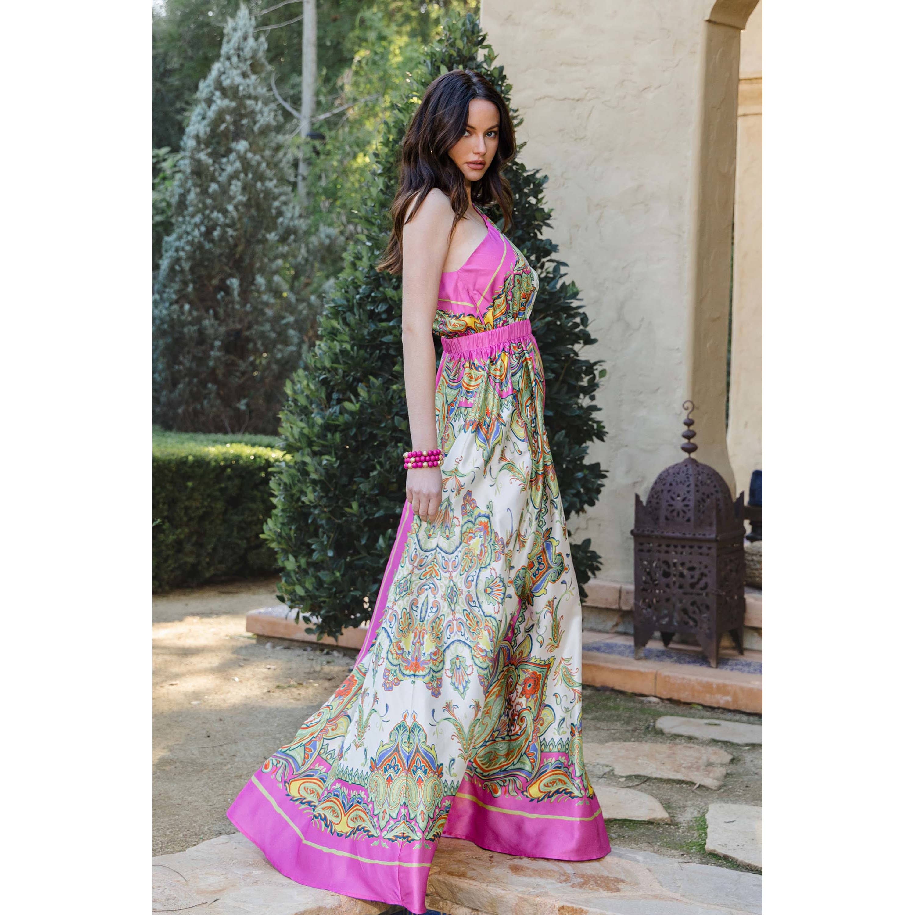 The Sang - Wholesale Dress - Women's - SATIN BORDER PRINT ONE SHOULDER MAXI DRESS2