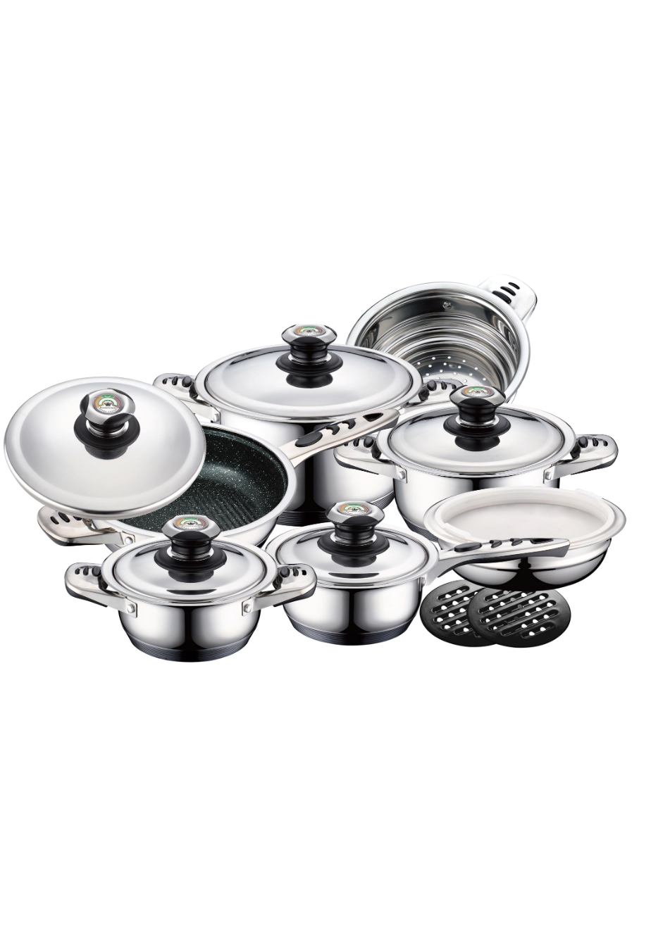 Royal Swiss - Wholesale Cookware Set - 16-Piece Stainless Steel/Glass Cookware Set1