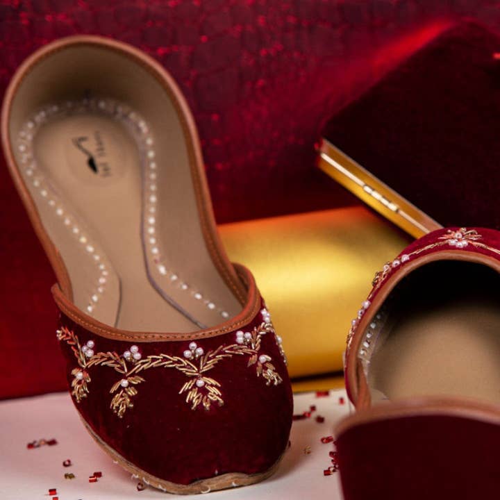 Burgendy Verge Red Embellished Ballet Flats Handcrafted Khussa Jutti Shoes for wholesale on Faire1