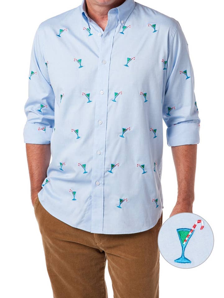 Straight Wharf Shirt aus blauem Oxford mit Martini Candy Cane für den Großhandel von Castaway Clothing Nantucket Island