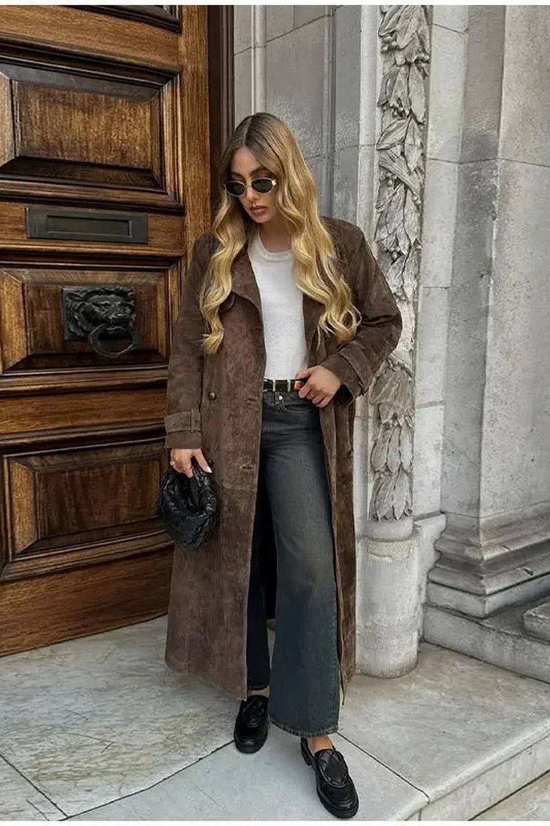 COFFEE CWOCO1075_DOUBLE BREASTED LAPEL FAUX LEATHER LONG COAT for wholesale on Faire4