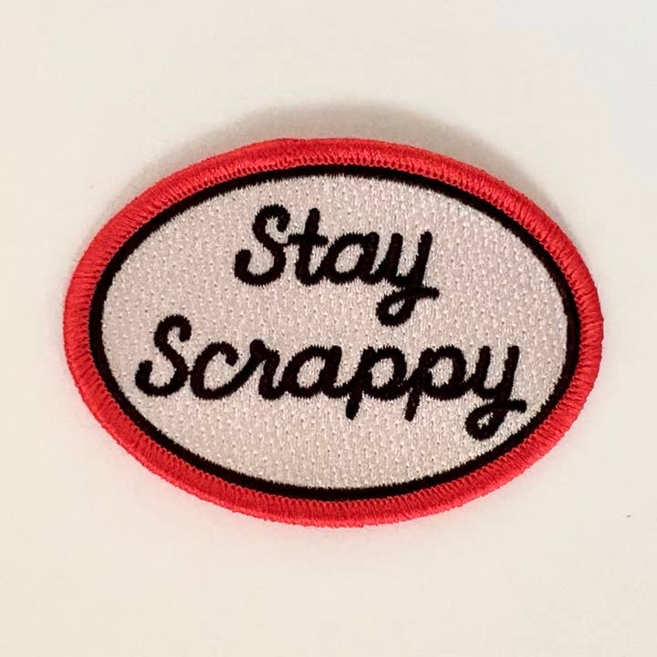 Stay Scrappy Vintage Style Embroidered Iron On Patch for wholesale by Molly Illustration