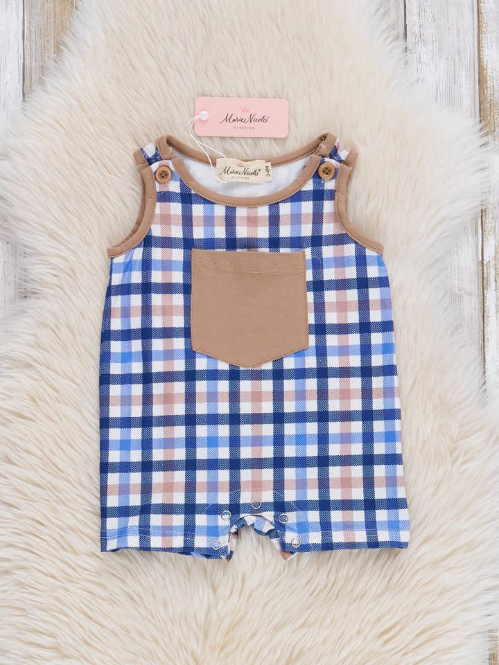 Marie Nicole Clothing - Wholesale Jumpsuit - Baby - Tan & Navy Plaid Johnny
