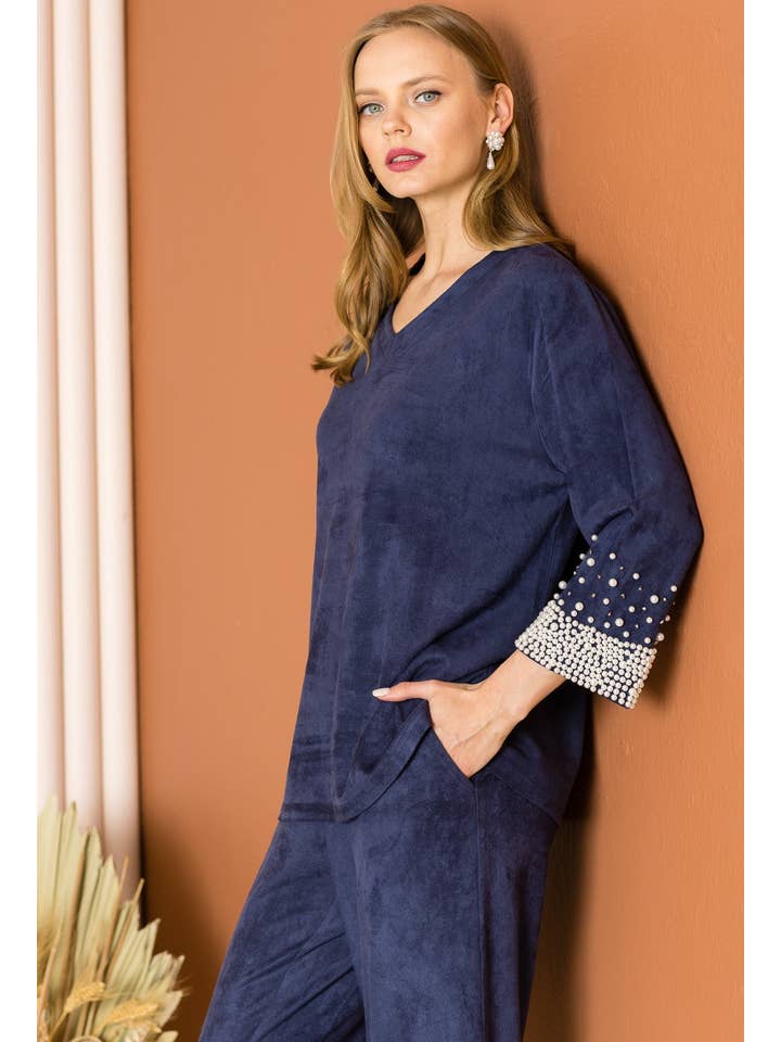 Joh Apparel - Wholesale Blouse - Women's - Alani Suede Top with Pearls