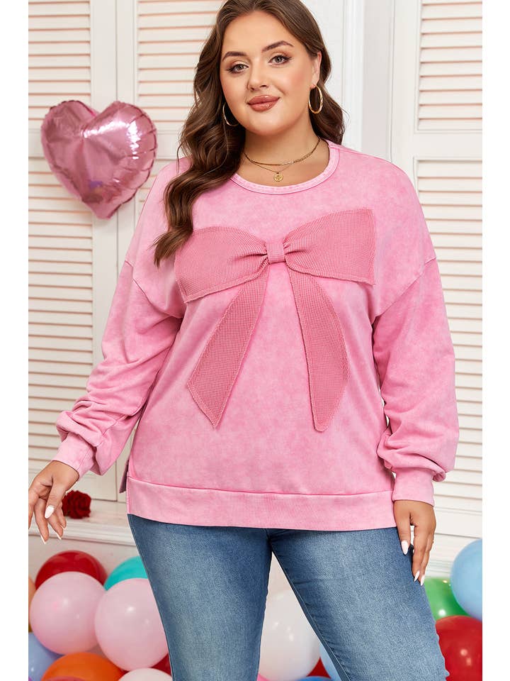 Bonbon Plus Size Waffle Bowknot Patchwork Mineral Wash Sweatshirt for wholesale on Faire4
