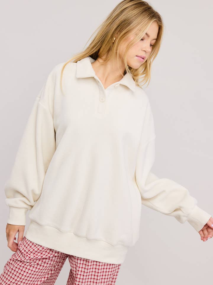 Ivory Teddy Velour Buttoned Collar Pullover Knit Sweater for wholesale on Faire0