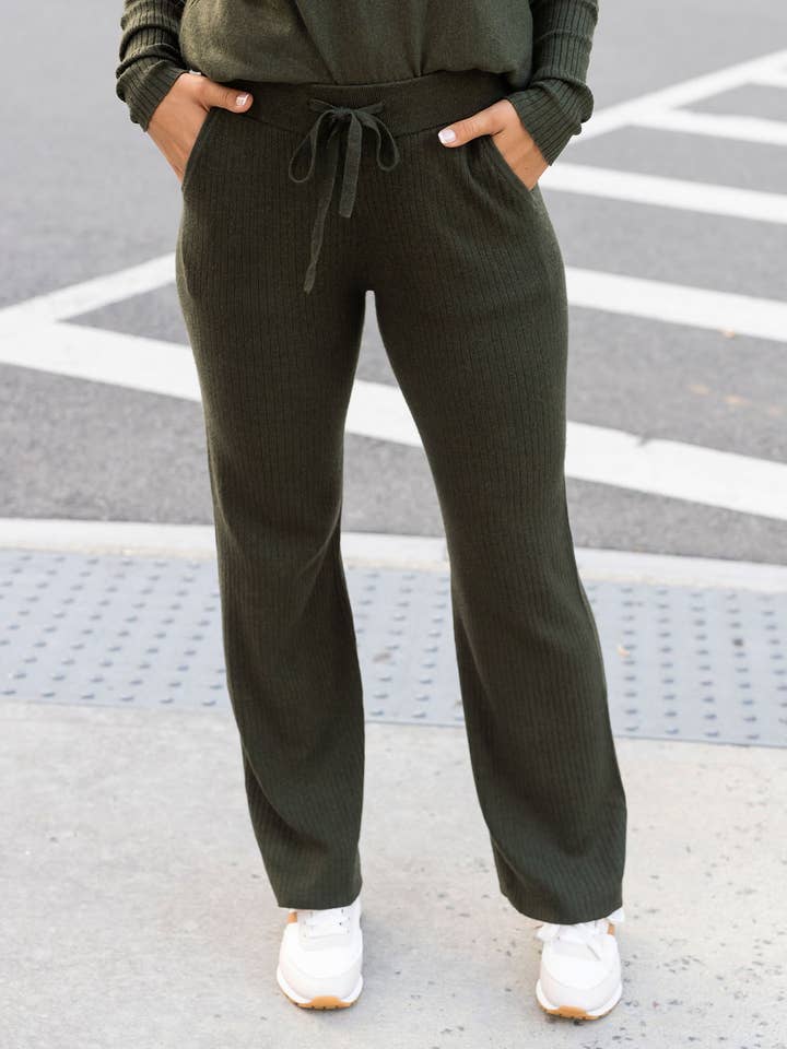 Classic & Cozy Ribbed Sweater Pants in Winter Moss for wholesale by Grace and Lace