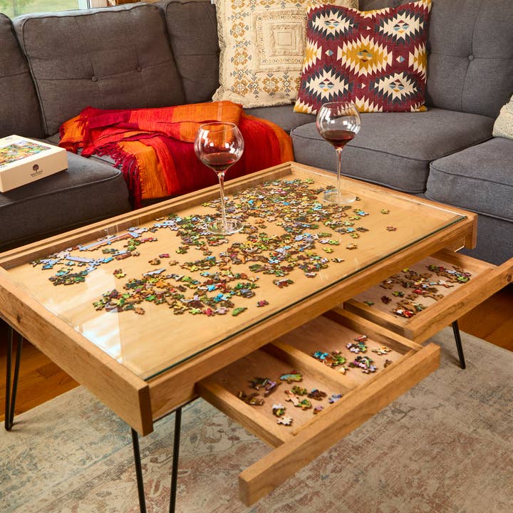 Charles River Woodworks - Wholesale Coffee Table - Rustic Puzzle Coffee Table with removable glass top - includes 2 hidden drawers - 24x36"