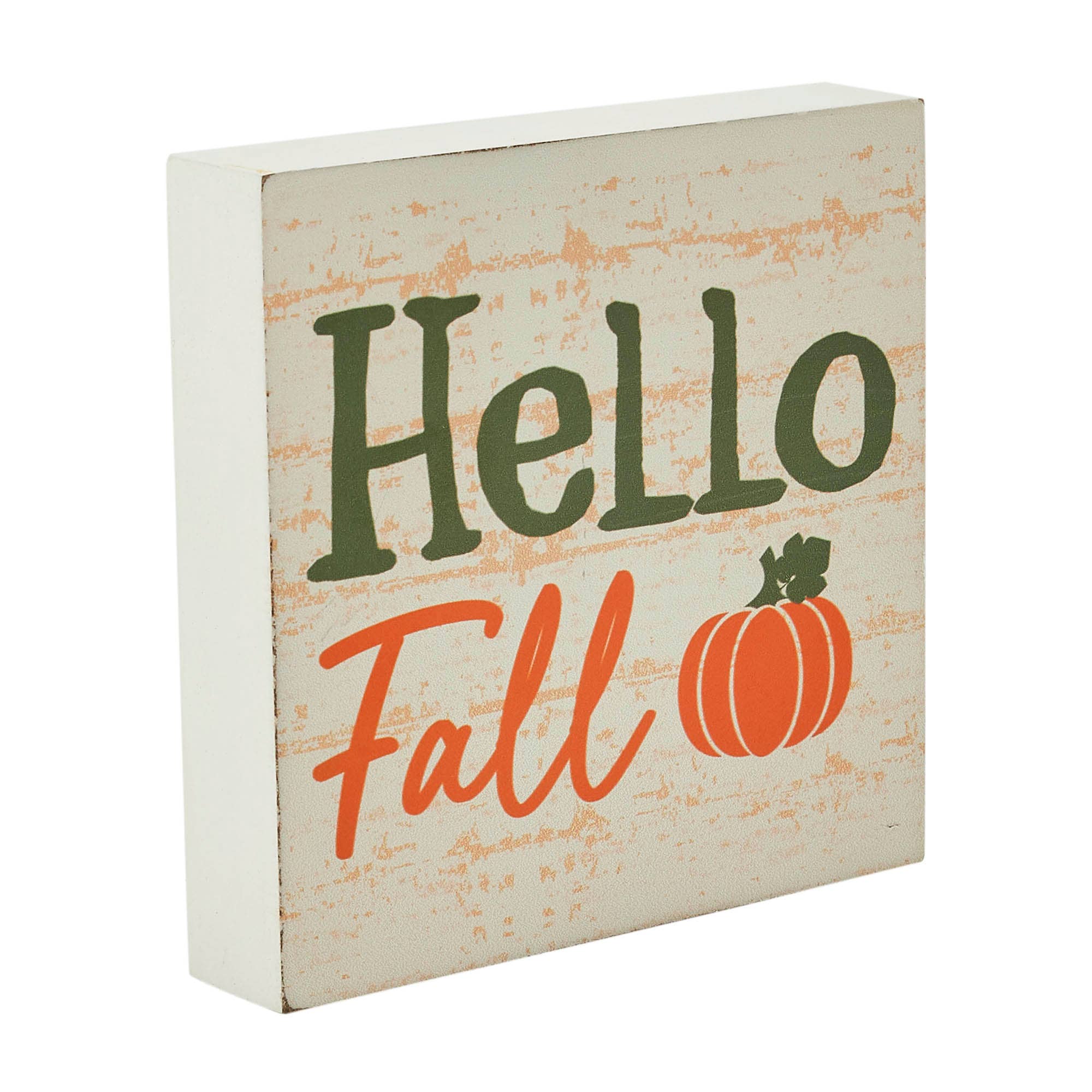 VHC Brands - Wholesale Sign - Hello Fall Pumpkin Autumn Harvest Farmhouse Rustic Cream MDF Tabletop Sign 5x5 Inch Decorative Plaque5