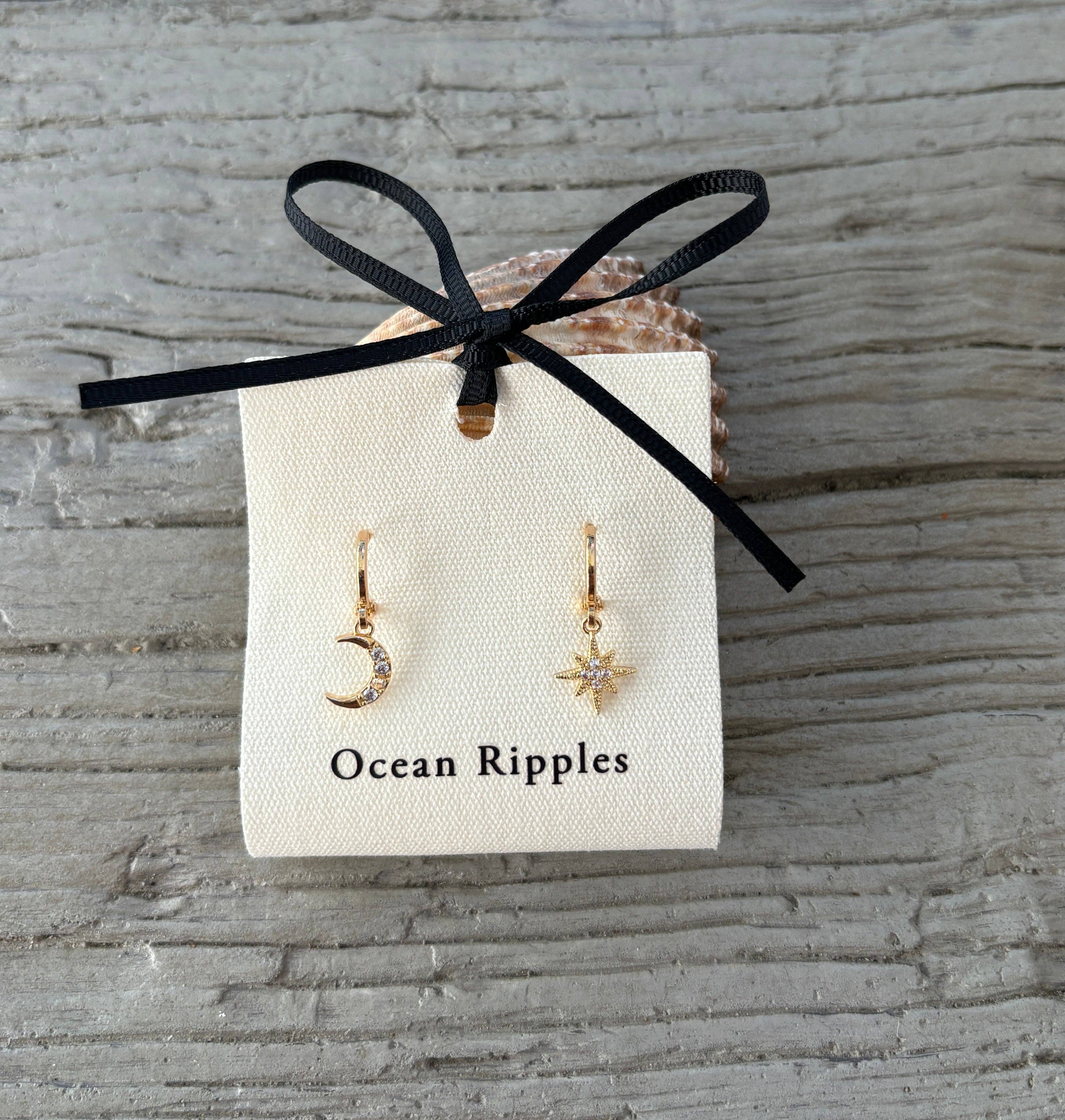 Ocean Ripples - Wholesale Huggie Earrings - 14ct Gold Plated Mismatched Cubic Zirconia Star And Moon Huggie Earrings4