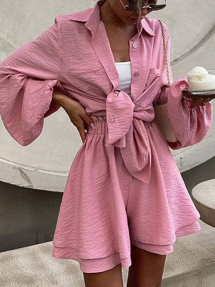 HIDDENBRAND - Wholesale Top & Short Set (NOT Loungewear) - Women's - Puff Sleeve Shirt Wide-Leg Shorts Two-Piece Set6