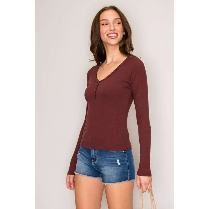 Popular 21 - Wholesale Knit Top - Women's - Raglan Long Sleeve V-Neck Top with Picot Stitch1