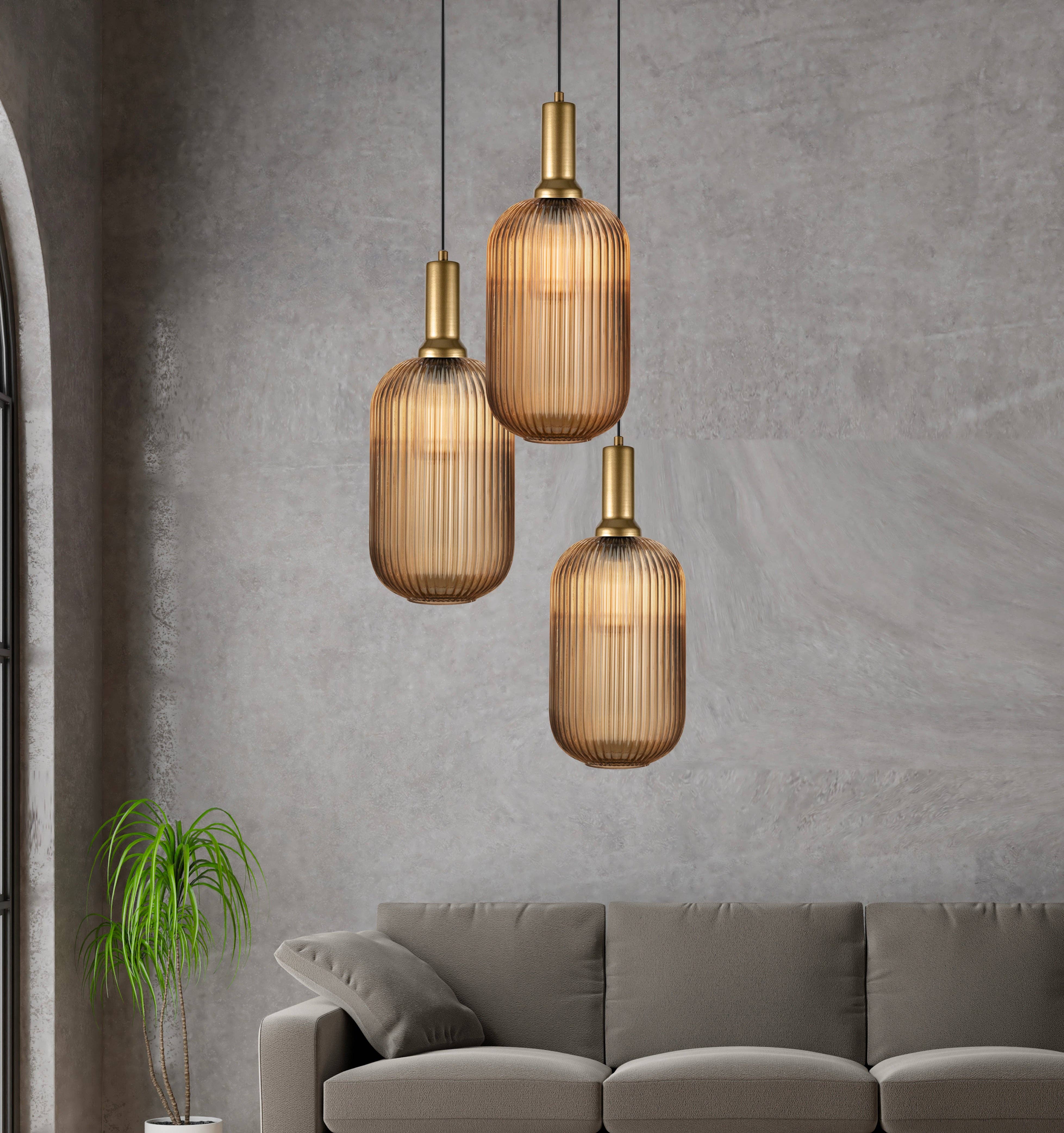 Eclipse Lighting - Wholesale Chandelier/Hanging Light - XL Amber Ribbed Glass Multi Pendant Light for Stairs, Mid-Century Modern Custom made Chandelier Light for Architects and Interior Designers19