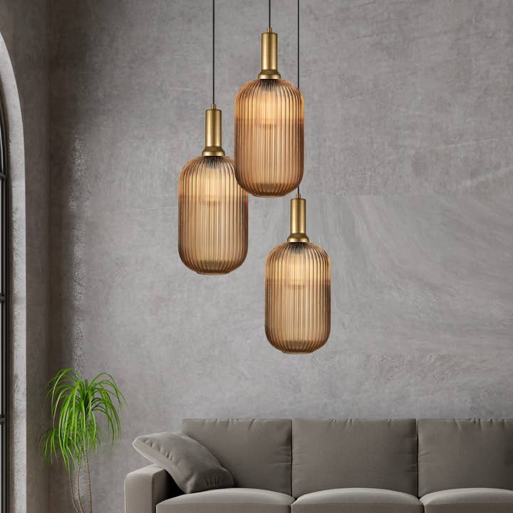 Eclipse Lighting - Wholesale Chandelier/Hanging Light - XL Amber Ribbed Glass Multi Pendant Light for Stairs, Mid-Century Modern Custom made Chandelier Light for Architects and Interior Designers19