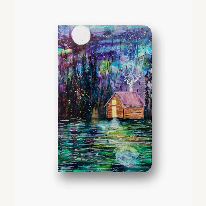 Notebook, Journal, Original Art, Cabin Scene, Moon Forest for wholesale by Manda Marble LLC