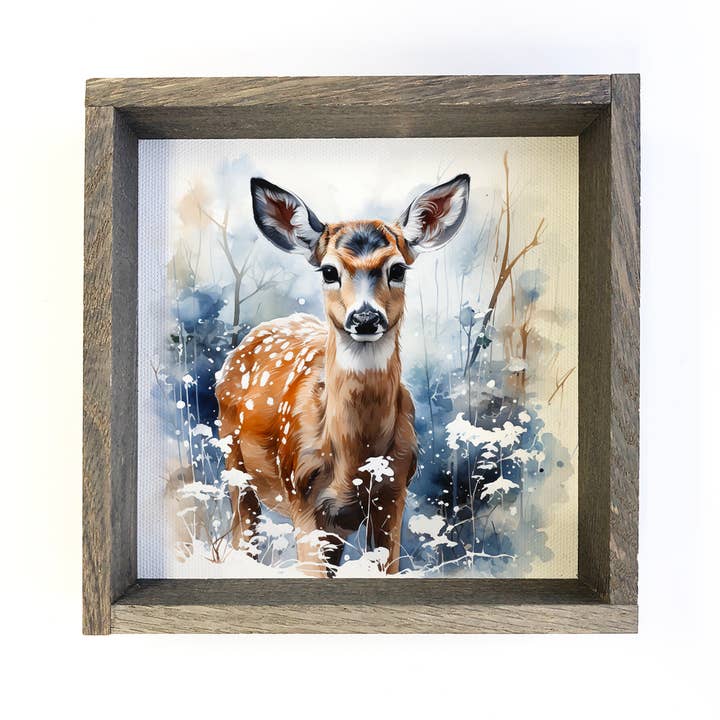 Winter Watercolor Doe Blue - Deer Canvas Art - Wood Framed for wholesale by Hangout Home