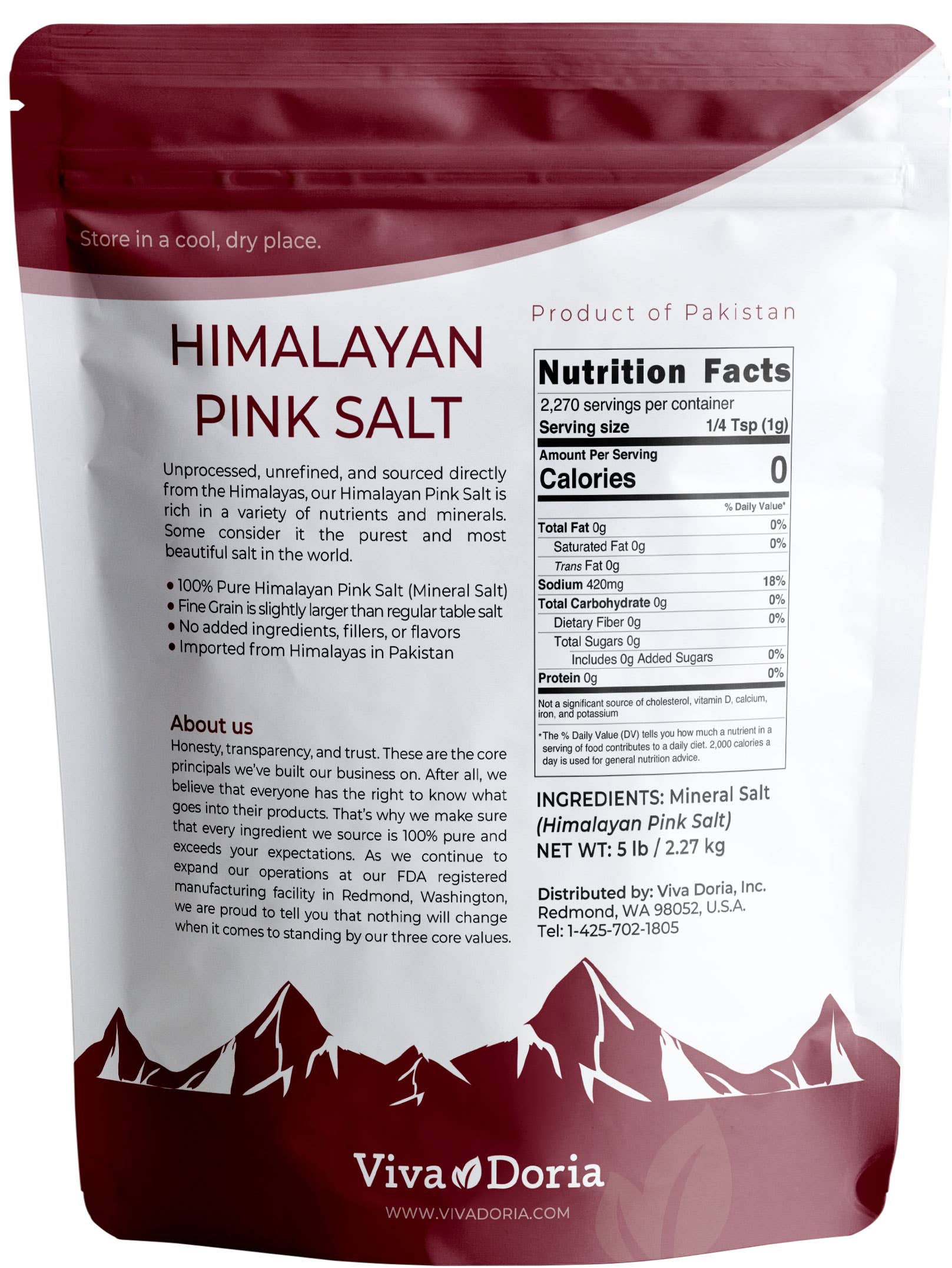 VIVA DORIA INC. - Wholesale Salt - Himalayan Pink Salt, Fine Grain, 5 lb (2.27 Kg)1