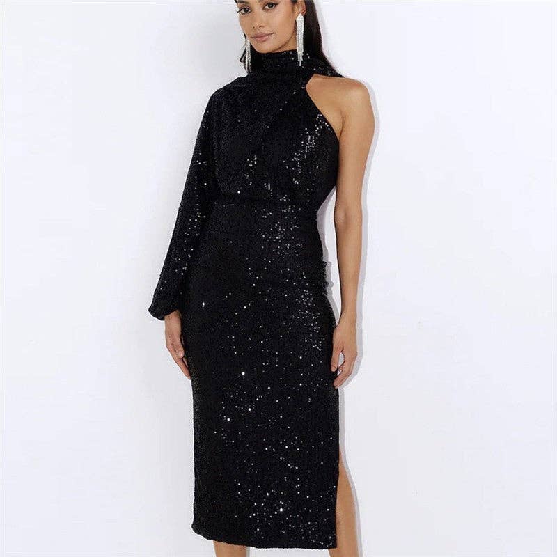 ShieldChic - Wholesale Dress - Women's - Solid Color Halterneck One Sleeve Sequins Bodycon Long Evening Dress0