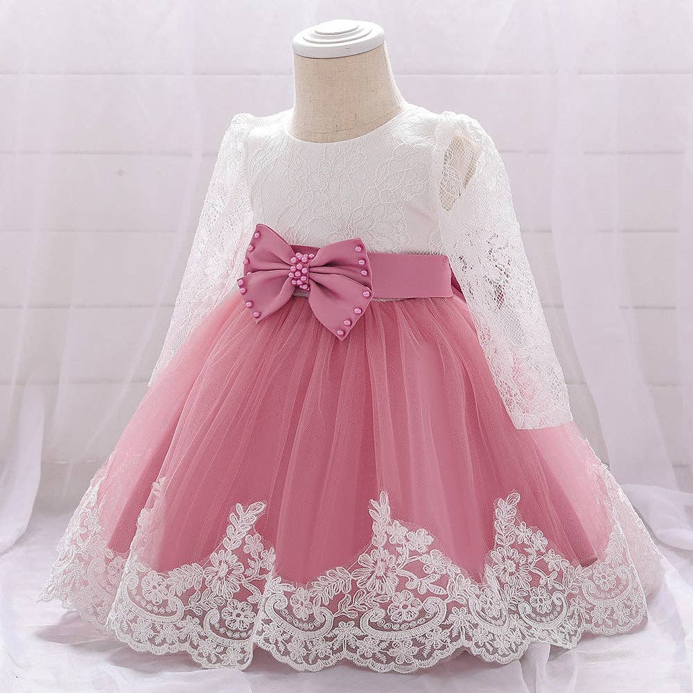 MyKids-USA® - Wholesale Dress - Baby - Baby Girl Bow Patched Design Long Sleeves Full Moon Christening Mesh Formal Dress7