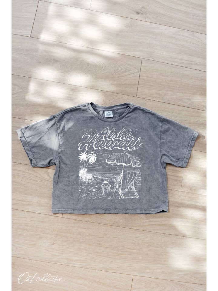 OAT COLLECTIVE - Wholesale Screen Printed T-Shirt - Women's - ALOHA HAWAII Cropped Mineral Graphic Top