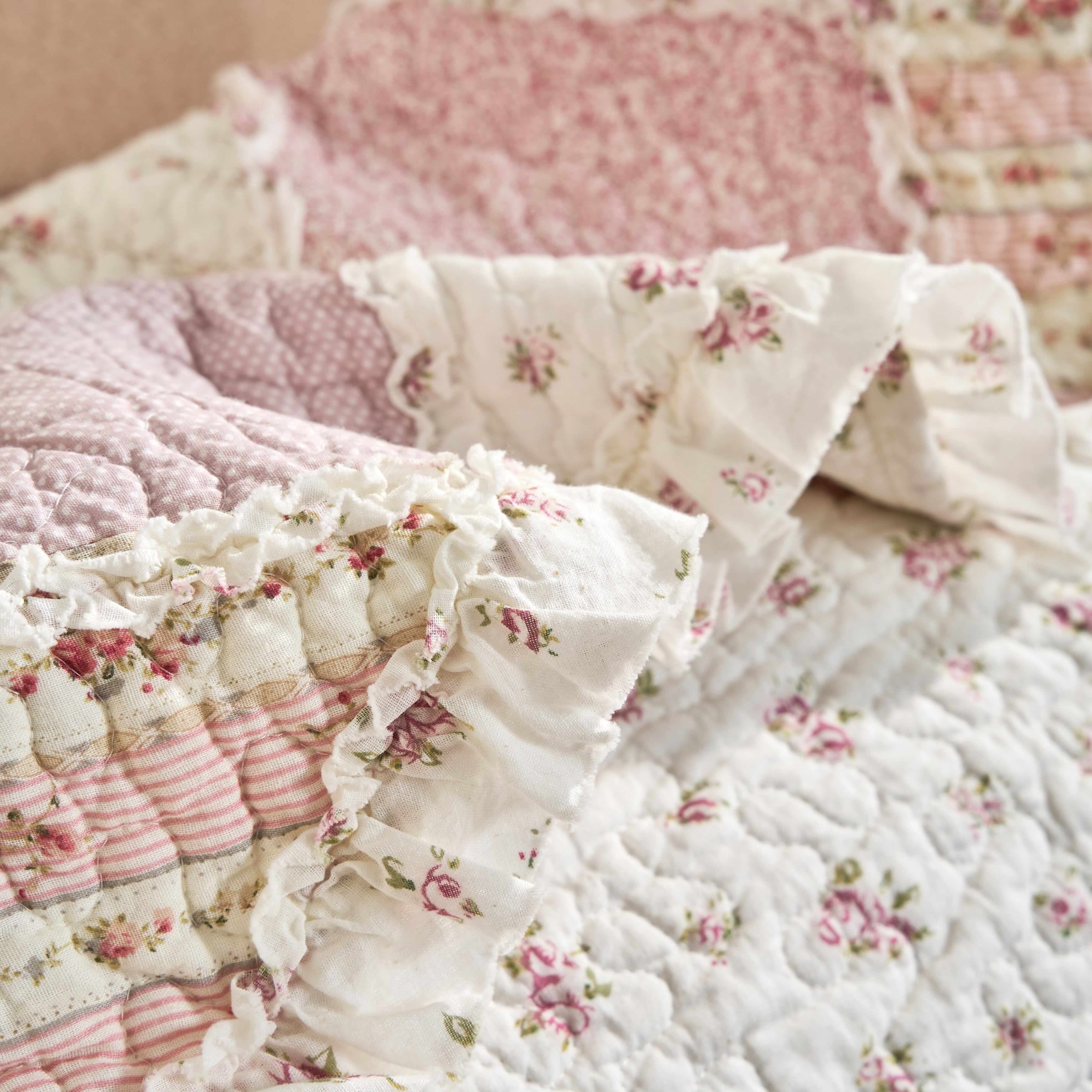 DaDalogy Bedding - Wholesale Throw Blanket - DaDalogy Cotton Patchwork Throw Blanket - Floral Cottage Quilted Reversible Blush Pink & Cream Shabby Chic Botanical Ruffle Design - Vintage Garden Rose Pastel Accents (3031)- 50 x 601