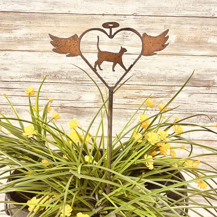 Universal Ironworks USA – wholesale Gräspiggar – Flygande hjärta med Halo och Cat Plant Stake Memorial0