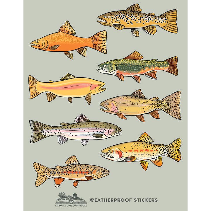 Trout Weatherproof Sticker Sheet for wholesale by Explore the Outdoors Books