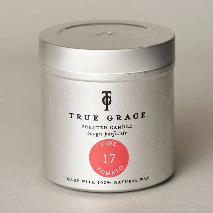 Bougie en boîte à la tomate de vigne - Parfum herbacé, cire naturelle pour la vente par True Grace