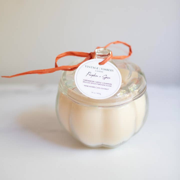 Pumpkin and Spice Pumpkin 14oz Soy Coconut Candle for wholesale by Vintage Timbers Candle by Lola & Dunelly
