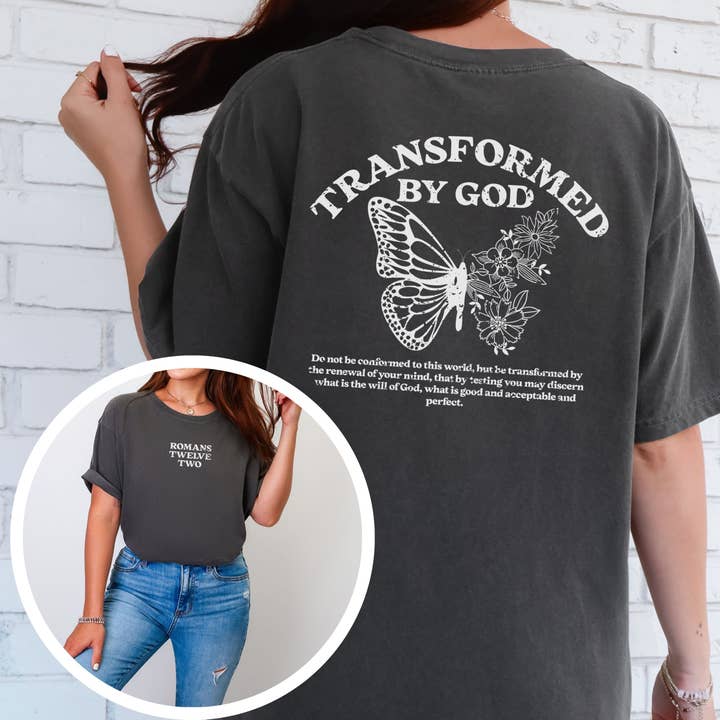 Transformed By God Butterfly Christian Graphic Tee for wholesale by Cross & Crown Designs LLC