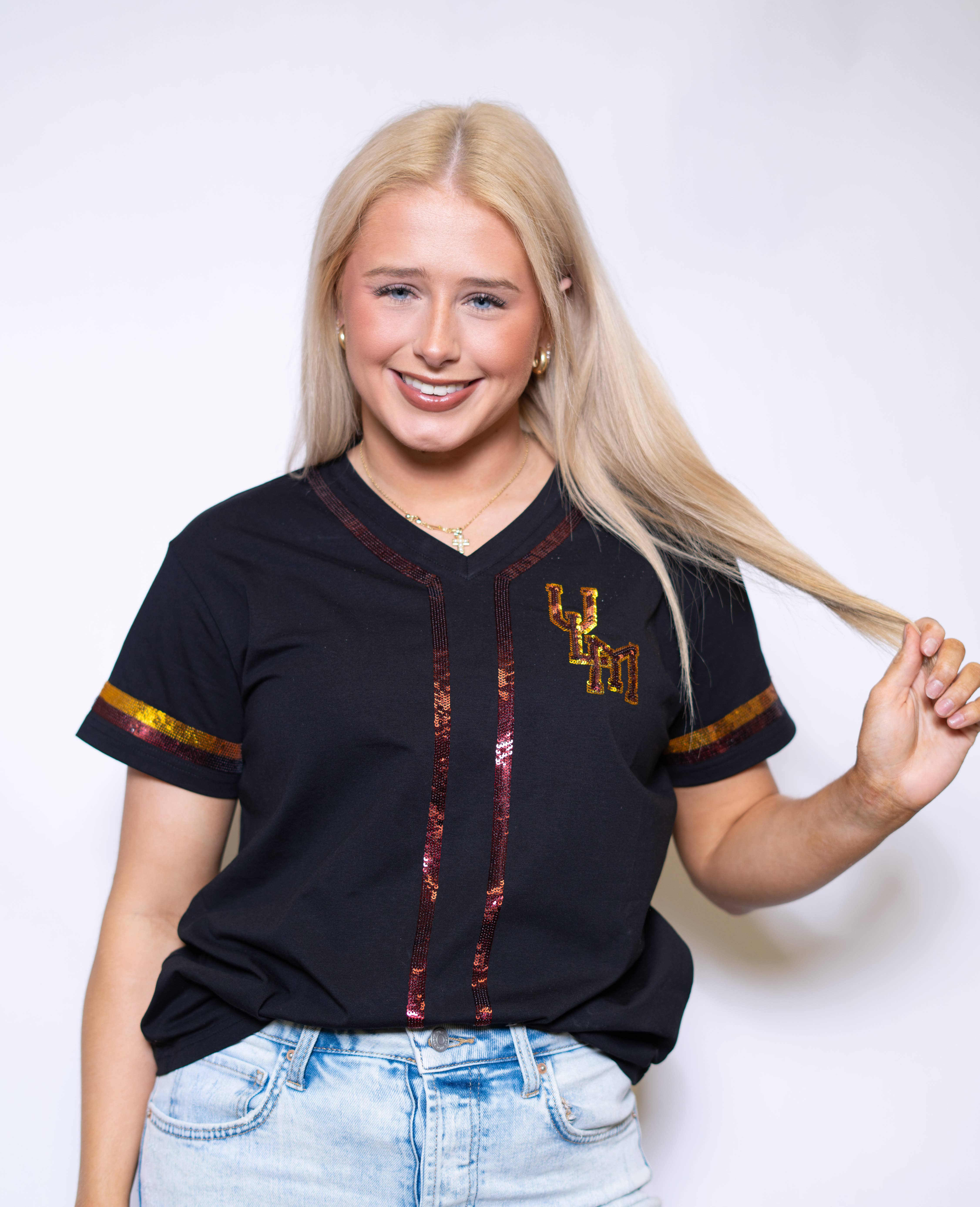 BOMB DESIGNS - Wholesale T-Shirt - Women's - ULM Warhawks (LICENSED) | Women's Sequin Baseball Jersey Tee0