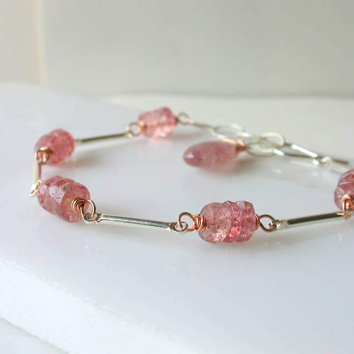 Linda Trent Jewelry - Wholesale Link & Chain Bracelet - Strawberry Quartz Bar & Link Bracelet. Mixed Metal Bracelet
