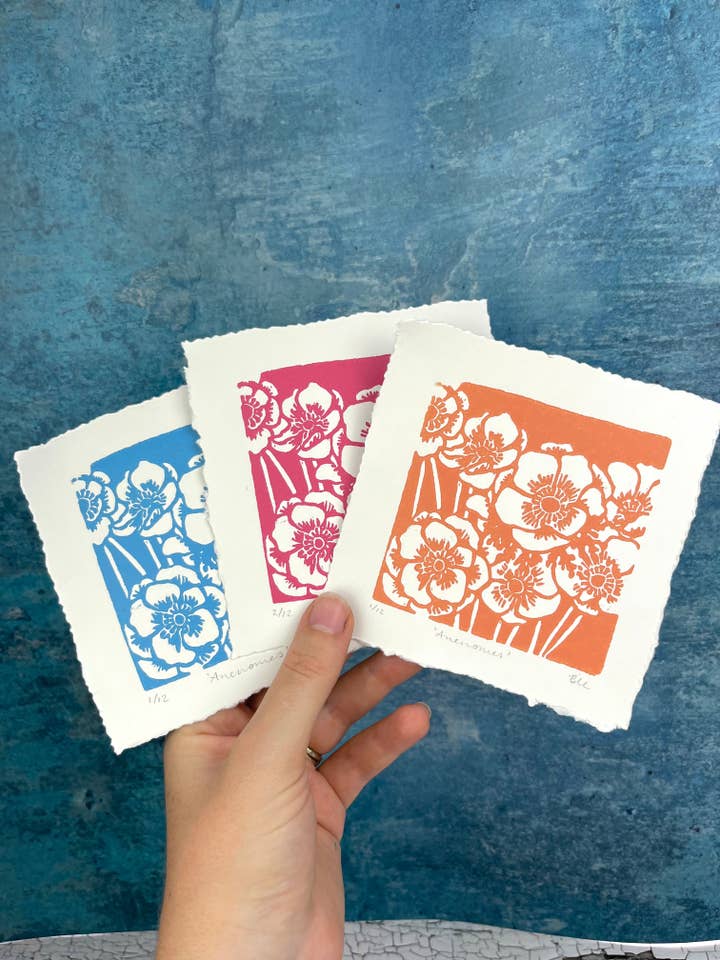 Mini woodcut Anenome Print for wholesale by Beth Lewis Art