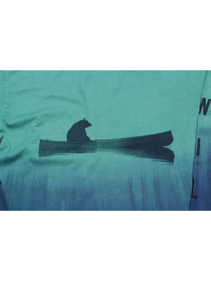 Green Blue Up a Creek Bear in a Canoe Dip-Dye long sleeve graphic tee for wholesale on Faire