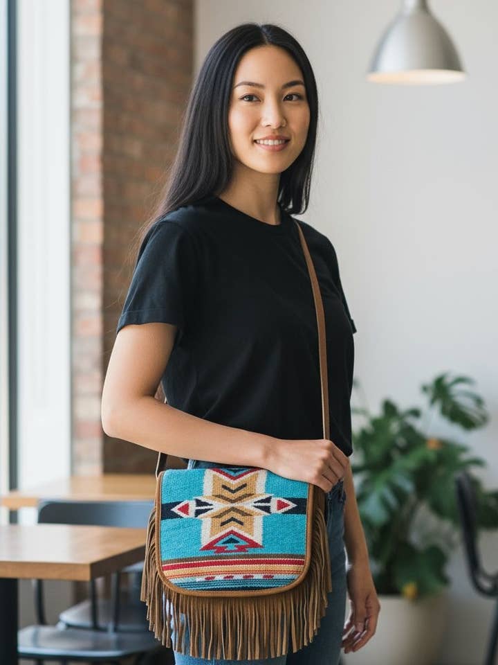 Genuine leather bag with fringes & Aztec Flap-5321 D for wholesale by MontanaCo