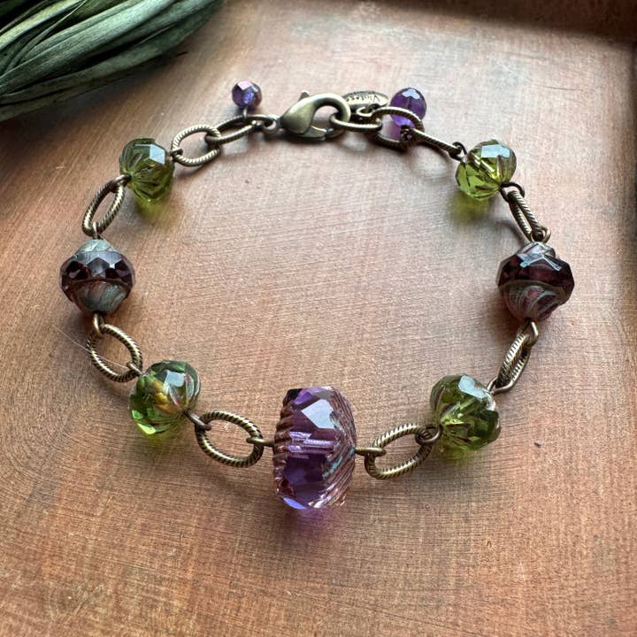 Chunky Glass Bead Bracelet, Purple Green Brass Earth Colors for wholesale by Vintage Earth