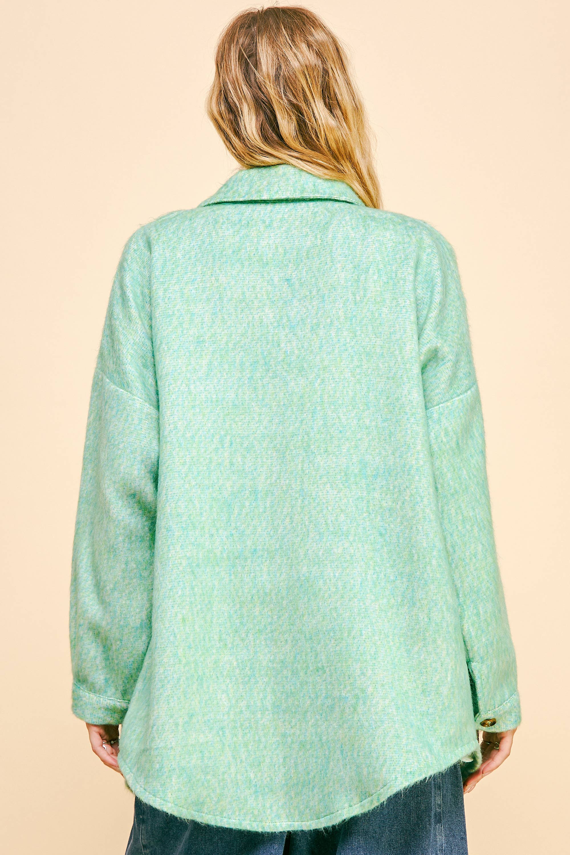 MINT GREEN PLUS FUZZY TEXTURED CHEST POCKET BUTTON UP JACKET for wholesale on Faire7